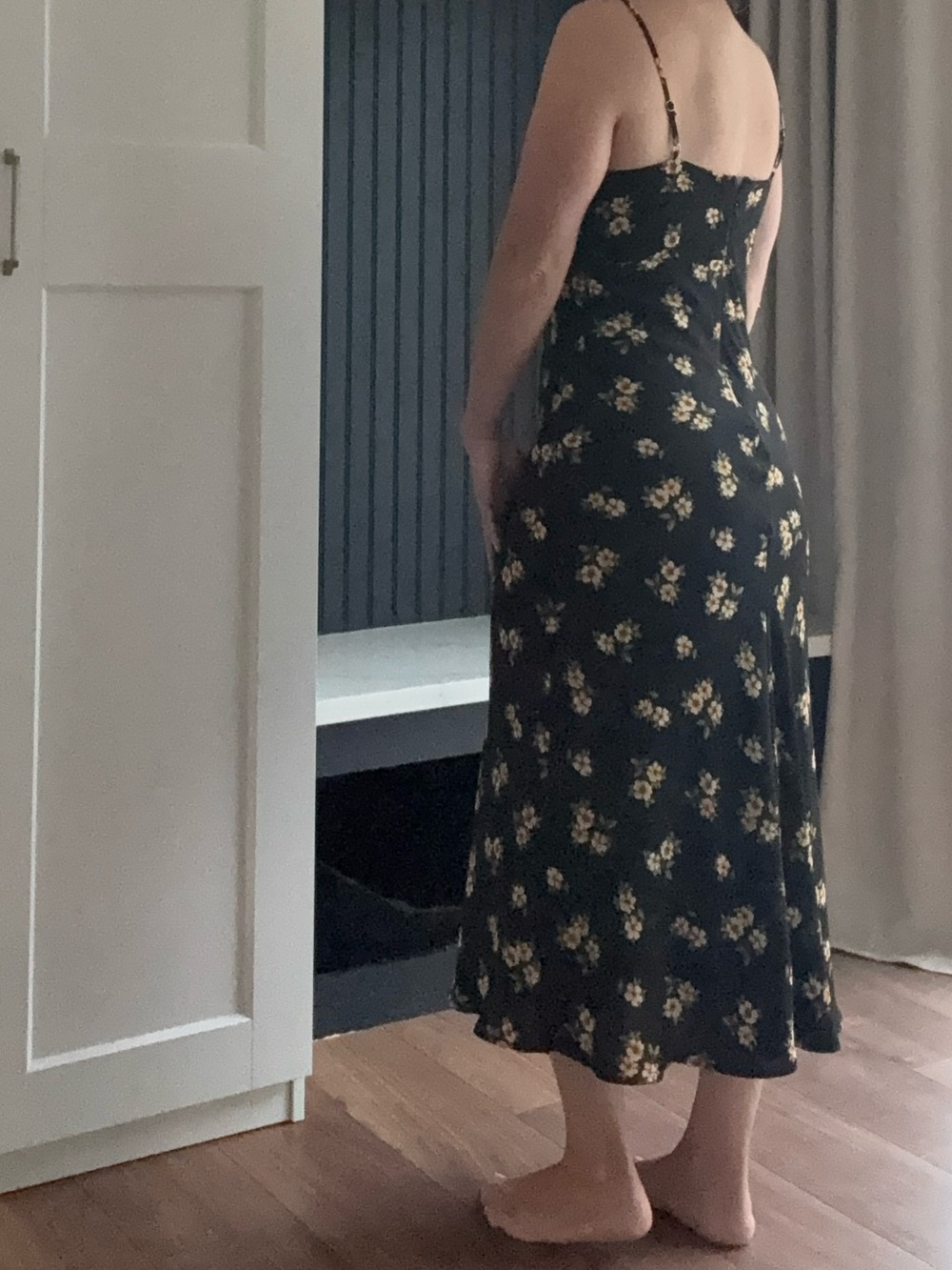 Black Midi Slip Dress with Floral Print